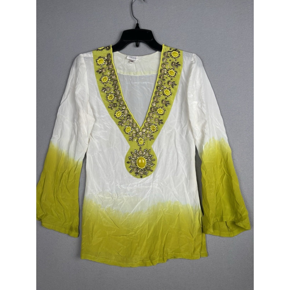 Tashia London Tunic XS Women's Silk Blouse Sheer V-neck Top Multicolor 3968